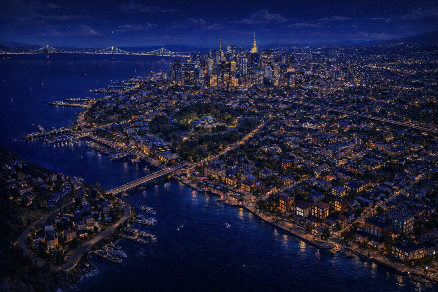 In-game regional map of the Pacific coast at night